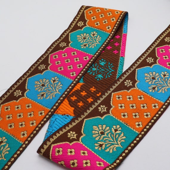 Floral Embroidered Jacquard Ribbon Trim: Indian Woven Border, 2.5