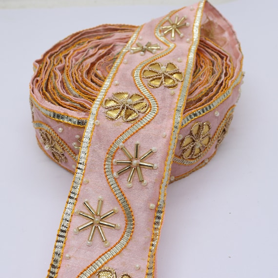 Indian Embroidered Ribbon Trimming or Shalwar Kameeze Border; Floral  Traditional embroidery design with a metallic copper thread detail . A  Original