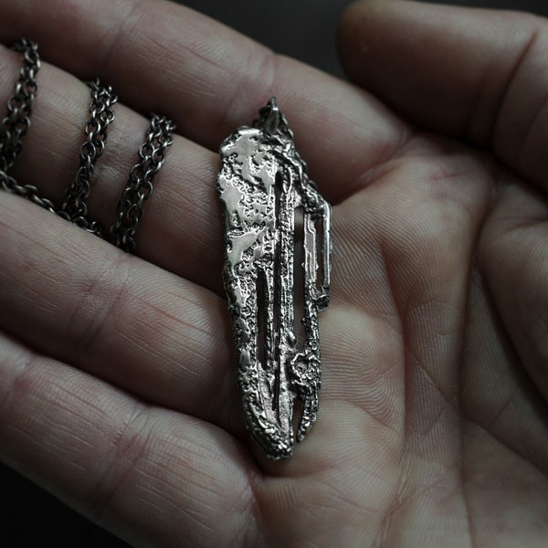 Men's silver necklace.Brutalist,raw style pendant.Women's unique,rough silver pendant.Dark style jewellry.Sand casting technique.Unisex.