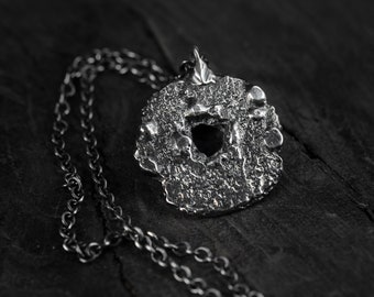 Men's rough silver necklace.Sand cast,brutalist silver pendant.Women's minimalist,unique silver pendant.Dark style,raw silver jewely.