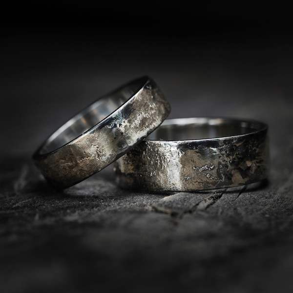 Silver,gold plated,sand cast matching rings.Oxidized,dark style silver ring bands.Individually cast,unique silver ring bands.Set of two.