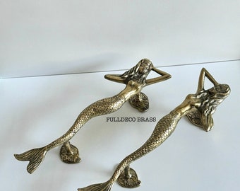 9.8” Pair Dancing Mermaid Brass Door Handle - Mermaid Cute Door Handle - Pretty Mermaid Door Handle - Aesthetic Mermaid Brass Door Pull