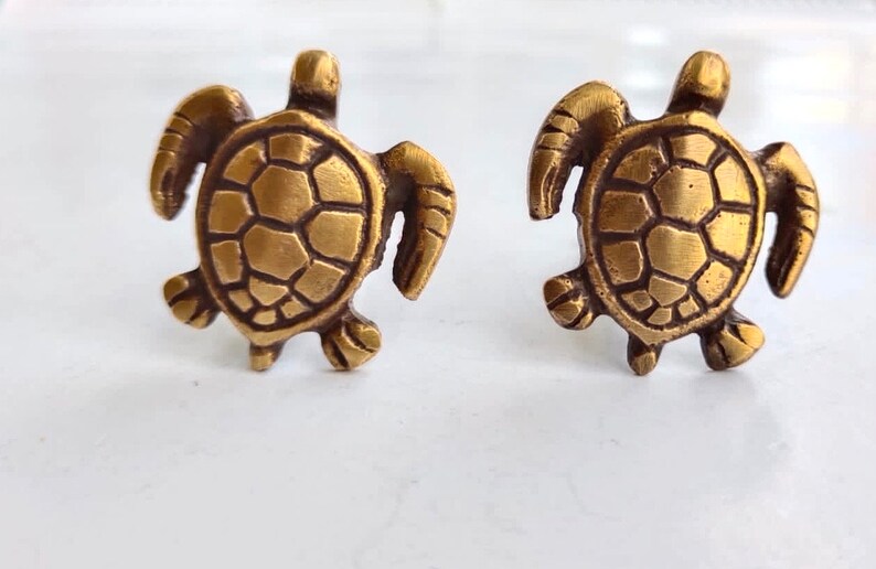 K&ouml;nnte beinhalten: Zwei goldfarbene, schildkr&ouml;tenf&ouml;rmige Schubladenkn&ouml;pfe. Die Schildkr&ouml;ten haben detaillierte Panzermuster und sind in die gleiche Richtung ausgerichtet.