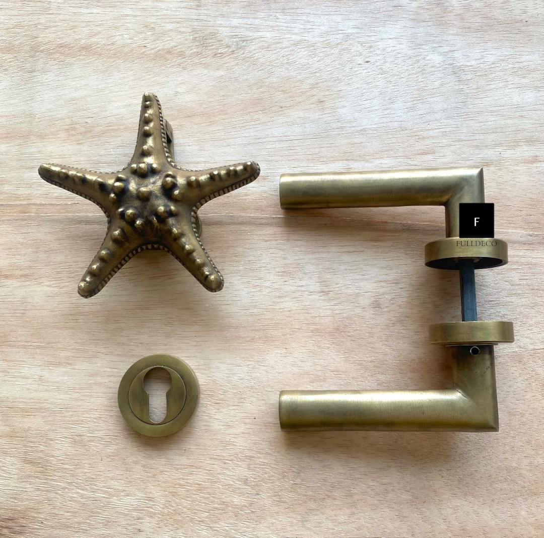 3 Items Entry Brass Door Set - Starfish Door Knocker Set With Crank ...