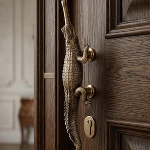 May include: A brass-toned metal door handle shaped like a crocodile, mounted vertically on a dark brown wooden door. The crocodile figure features detailed scales and is attached by two circular mounts. A matching brass keyhole plate is below it.