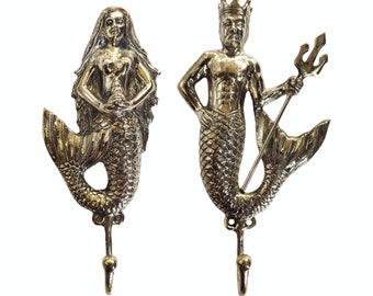 7.8” Pair of Mermaid Queen and Mermaid King Hook - Brass Mermaid King and Mermaid Queen - Mermaid Queen Hook - King Merman Hook