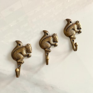 May include: Three brass squirrel hooks with a detailed design. Each hook has a squirrel with a bushy tail and a curved hook for hanging items.