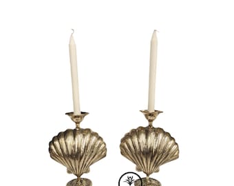 2 Items Scallop Leora Candle Holder - Set Shell Candle Holder - Brass Candle Holder - Brass Scallop Candle Holder