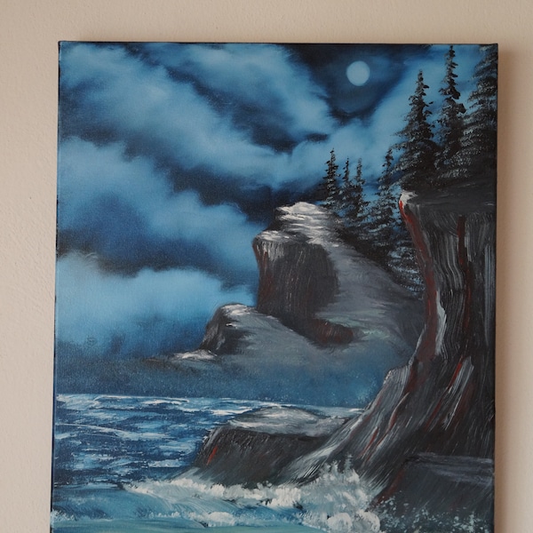 Motiv "The Lone Sea" Landschaftsmalerei Gemälde Bild Öl auf Leinwand handgemalt Nacht Meer Küste Natur Bob-Ross-Stil von Johannes Weiß