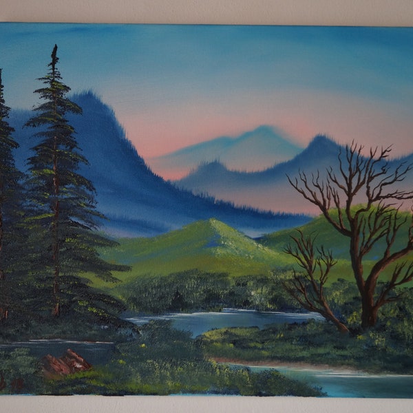 Motiv "The Peacefull One" Landschaftsmalerei Gemälde Bild Öl auf Leinwand handgemalt Natur Keilrahmen Bob-Ross-Stil von Johannes Weiß