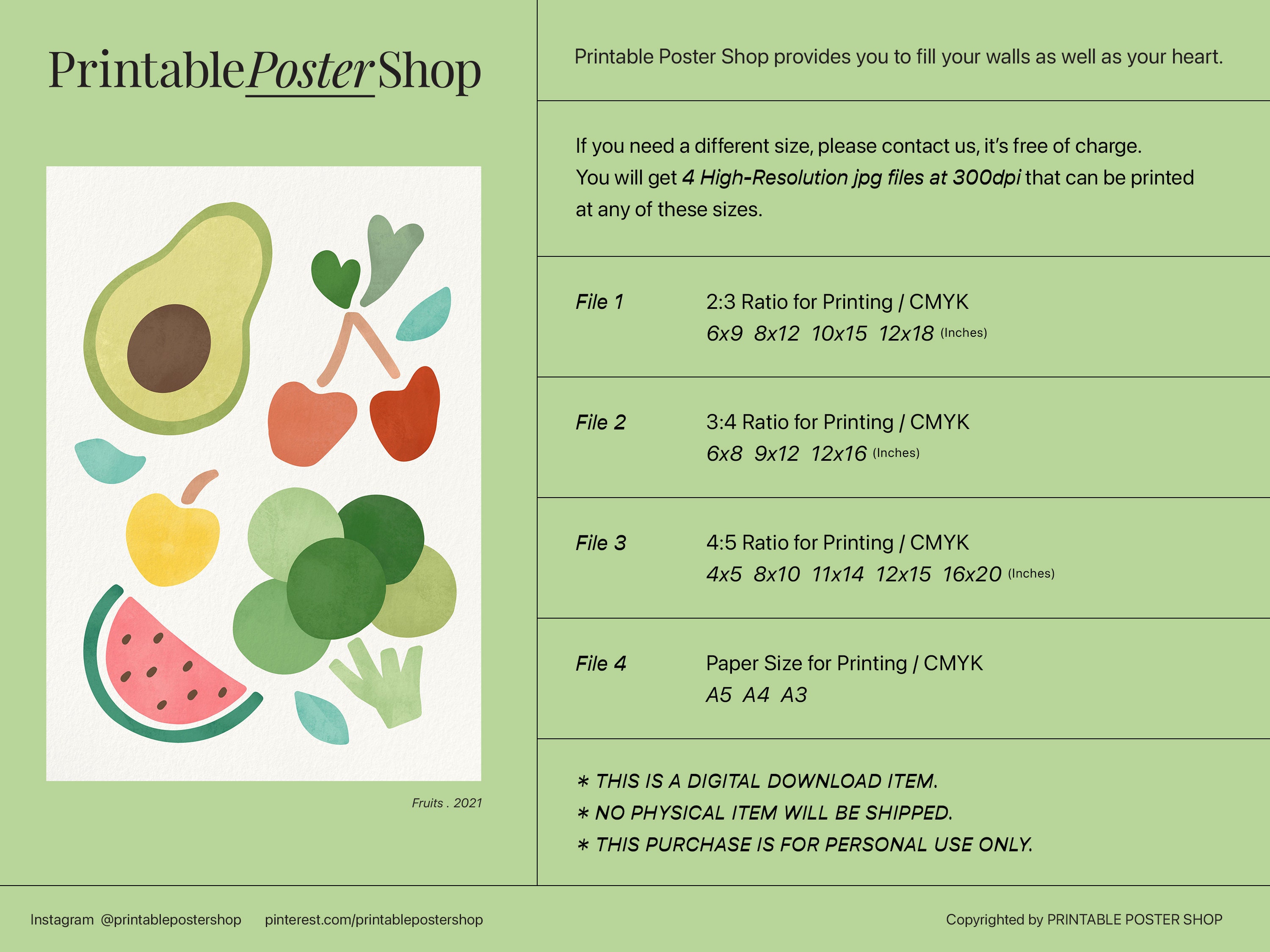 Colorful Fruit Printable Wall Art, Prints for Kitchen, Avocado ...