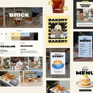 Könnte beinhalten: Eine Collage von Werbematerialien für ein Café und eine Bäckerei. Enthält ein Logo mit dem Text "BRICK Cafe", eine Farbpalette und Menüpunkte. Es gibt Bilder von Backwaren, Kaffee und ein "Special Event"-Schild. Das Gesamtthema ist ein Café und eine Bäckerei.