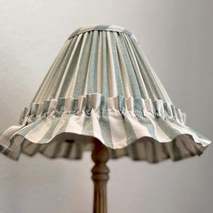 Shop break 1 Sep - 12 Sep. Last orders 22 Aug. Striped rustic cottage cotton lampshade with ruffles