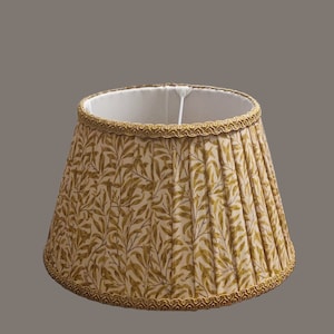 High quality pleated lampshades handmade to order, made of William Morris cotton, Willow Bough in duck egg, crimson, ochre, sage and linen.
