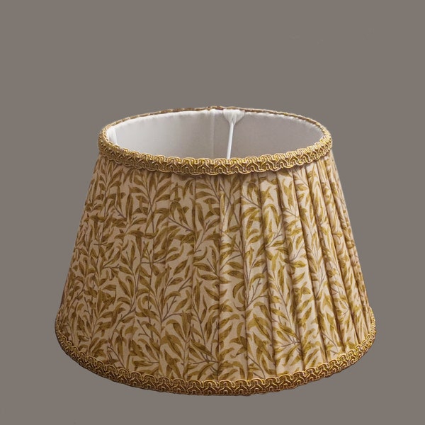 Pleated lampshades made to order, made of William Morris cotton fabric Willow Bough in duck egg, crimson, ochre, sage and linen.