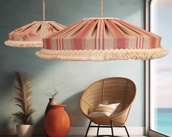 Lampshade striped red, rustic style, with short cotton fringe. Made to order