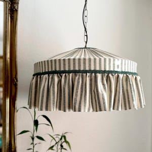 Green Striped Lampshade – Handmade Rustic Cotton Light Shade – Country Farmhouse or Cottage core Décor – Custom Sizes