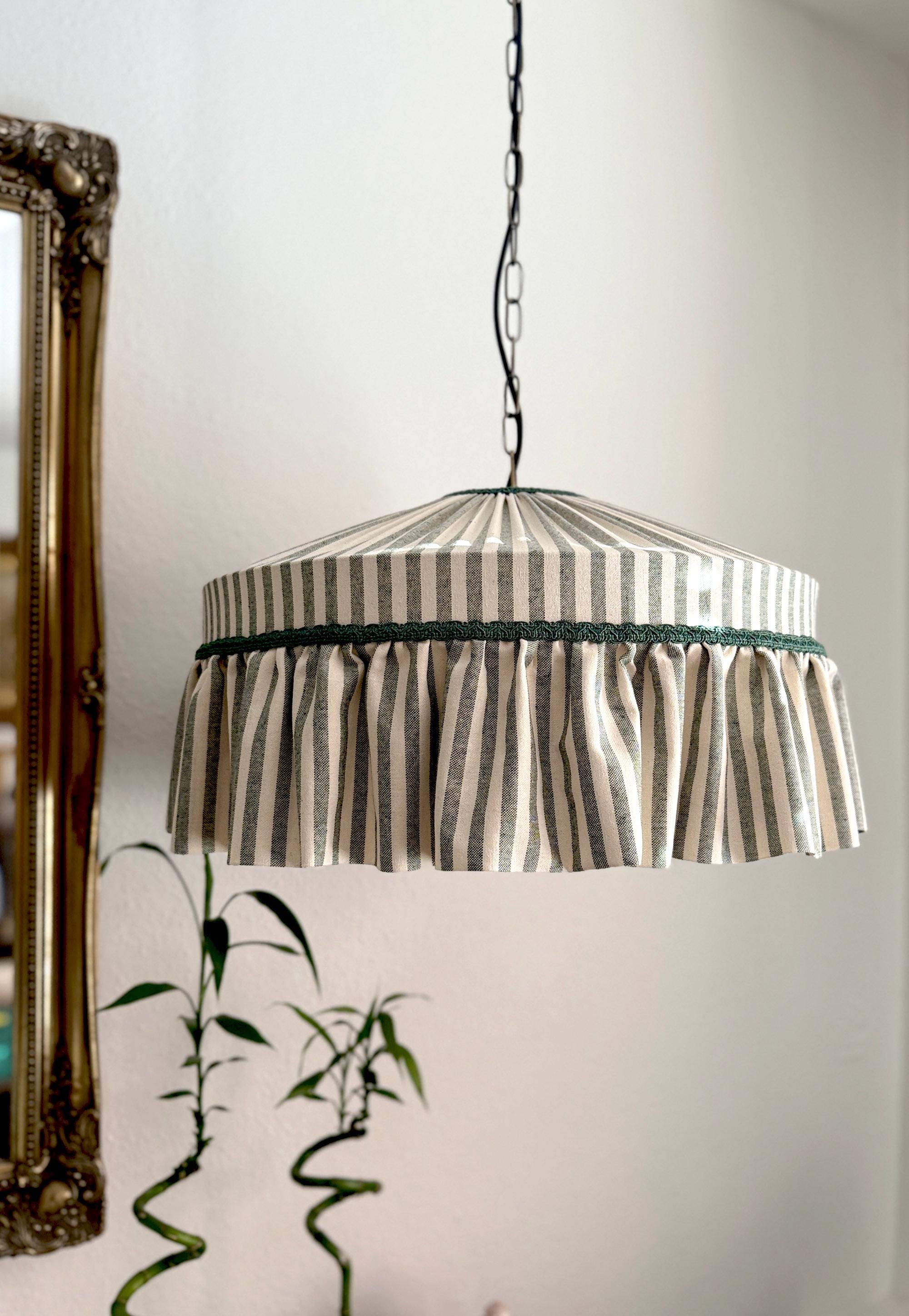 Lampshade striped in green with ruffles, rustic style