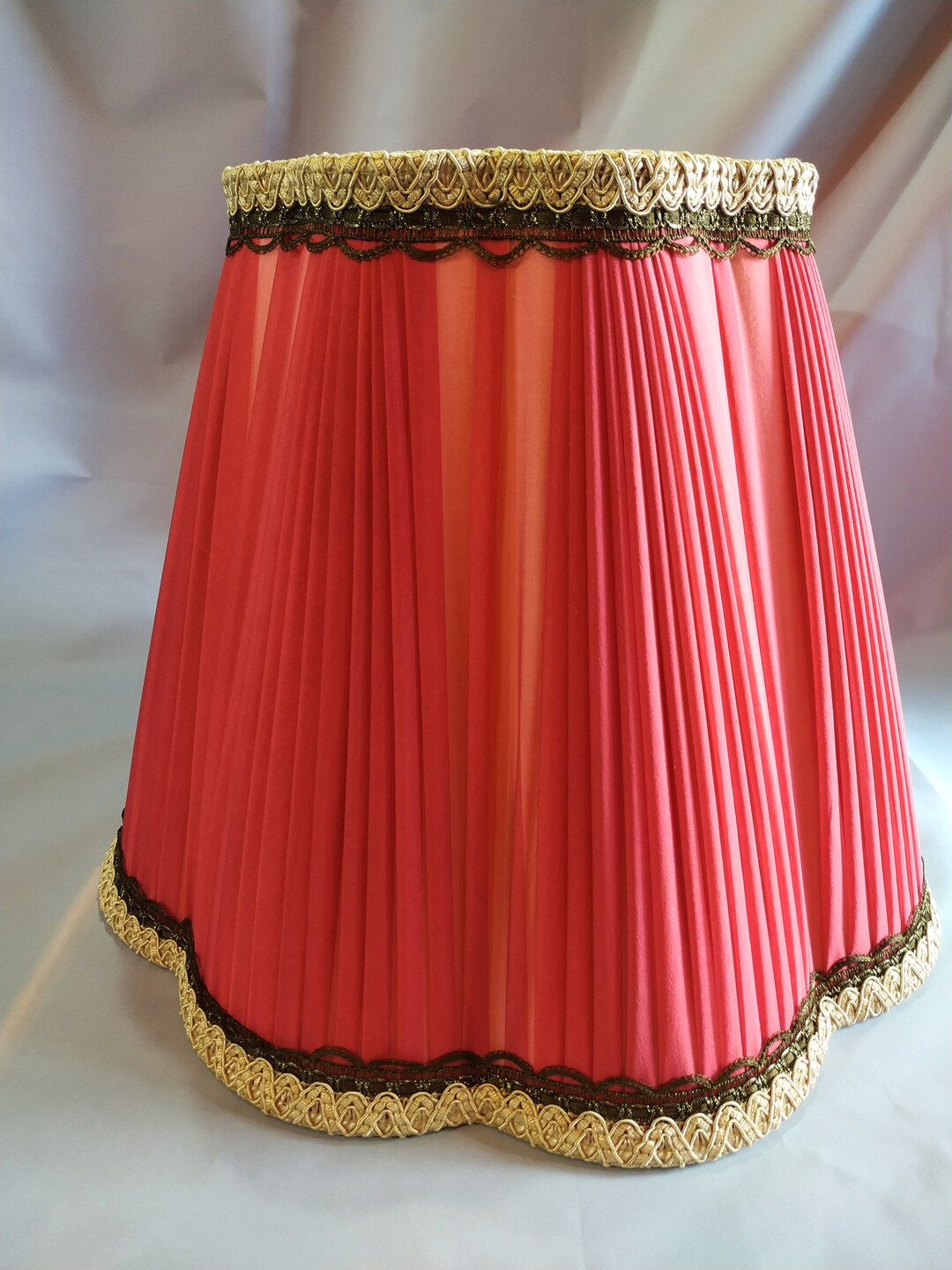 Pleated Silk Lampshade, Extra Large Decorated With Antique Gold Lace