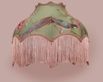 Jade Chinoiserie lampshade  decorated with matching fringe and trim