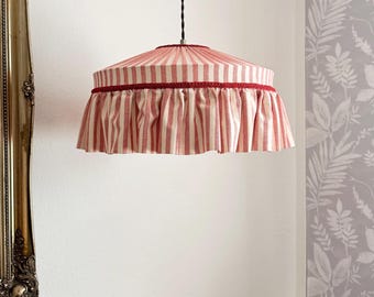 Red Striped Cotton Lampshade with ruffles: Handmade Farmhouse Light Shade