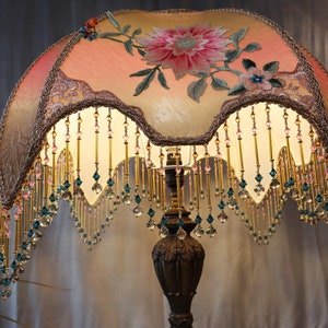 Victorian lampshade overlaid with vintage lace, decorated with antique Chinese embroidery and hand beaded fringe