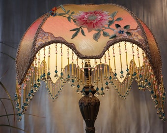 Victorian lampshade overlaid with vintage lace, decorated with antique Chinese embroidery and hand beaded fringe