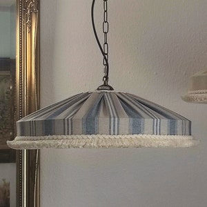 Lampshade striped blue, rustic style, with short cotton fringe. Made to order