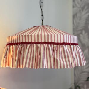 Handmade cotton lampshade in Cambridge red striped fabric with ruffles, rustic style