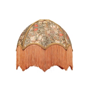 William Morris Lampshade: Golden Lily Fabric, Peach Fringe image 1