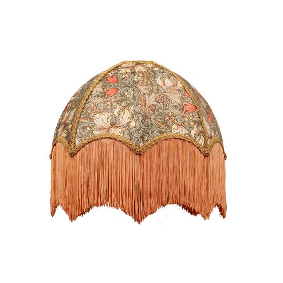 William Morris Lampshade: Golden Lily Fabric, Peach Fringe