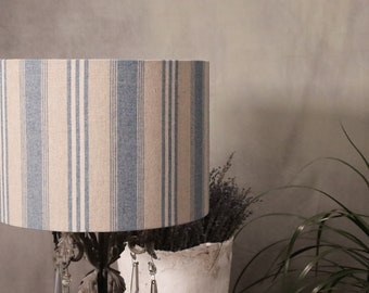 Lampshade,  drum with striped linen fabric backed with white PVC.