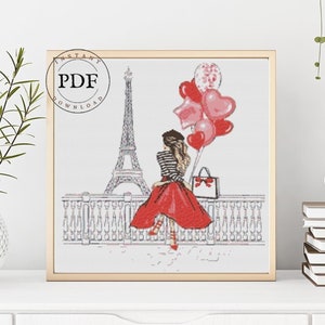 Grille point de croix Paris, Broderie Tour Eiffel, Point compté France, Broderie moderne Paris, Femme jupe rouge et béret noir, Ballon rouge