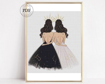 Gemini cross stitch pattern, Gemini sign, Zodiac embroidery, Zodiac signs, Modern, Chart, PDF to download, Astrology, Constellation.