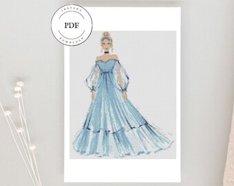Cinderella Princess cross stitch pattern, Blue princess embroidery, Modern cross stitch, PDF, File to download, Embroidery card, DMC.