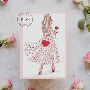 Esquema punto de cruz Día de la Madre, corazón de niña, Bordado de corazones, Amor, San Valentín, Tarjeta de bordado, Vestido de corazones, PDF.