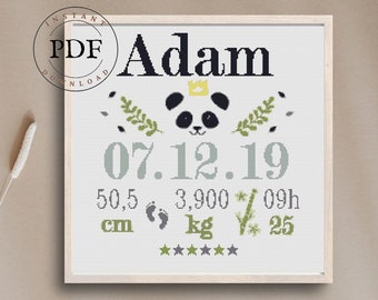 Modernes Kreuzstichmuster für Kinder, Stickerei zur Geburt, personalisiertes Babygeschenk, Babypanda, Babyzimmerdekoration, PDF, Stickmuster.
