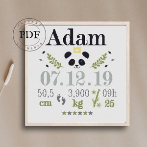 Grille point de croix enfant moderne, Broderie naissance, Cadeau bébé personnalisé, Bébé panda, Déco chambre bébé, PDF, Grille à broder.