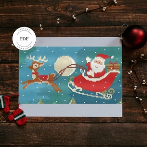 Grille point de croix Noël, Broderie traineaux et renne, Broderie Père Noël, Carte à broder, PDF, Fichier numérique, Broderie moderne.