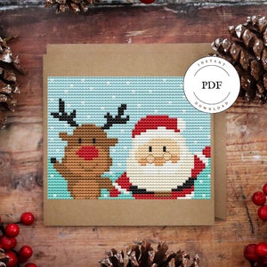 Grille point de croix Noël, Carte à broder, Broderie Père Noël et renne, Fête de Noël, Fichier numérique, PDF, Broderie moderne.