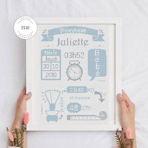 Peut inclure: Un dessin de point de croix encadré blanc avec des lettres bleues annonçant la naissance de Juliette. Le dessin comprend la date et l'heure de naissance, le poids et la taille. Le texte indique : "Bienvenue Juliette Née le Jeudi 30 10 2019 03h52 Bébé 2.540 kg et mesure 48 cm"