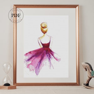 Dancer cross stitch pattern, Dancer pink tutu embroidery, Ballerina, Modern, Opera, Digital file, PDF, Pink dress.