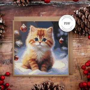 Grille point de croix chat, Broderie chat mignon, Chat Noel, Carte à broder, Moderne, Fichier numérique, PDF, Cadeau.