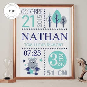 Cuadro punto de cruz de nacimiento para personalizar, Regalo de nacimiento, Cuadro para personalizar, Bordado bebé, Bordado nacimiento niño, PDF