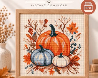 Kreuzstichmuster „Herbstliche Kürbisse“ (PDF) – Herbststickerei – Kürbis- und Blätterdekoration – Sofort-Download
