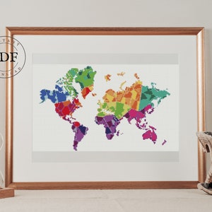 Planisphere, Grille Point de croix, Atlas, Point de croix monde, PDF, Point de croix moderne, Broderie planisphere, Broderie monde, Carte.