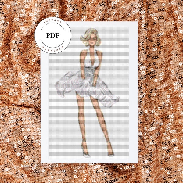 Marilyn cross stitch pattern, Embroidery dress Marilyn Monroe, White dress vintage, Chart, PDF to download, Instant download, Digital files.