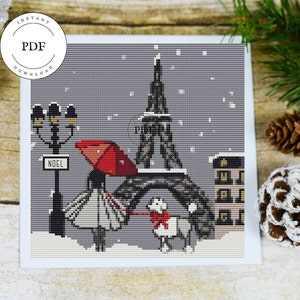 Grille point de croix Paris, Broderie Tour Eiffel, Noel, Chien, Promenade, Carte à broder, Moderne, Fichier numérique, PDF, Cadeau.