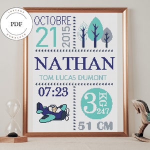 Cuadro punto de cruz de nacimiento para personalizar, Regalo de nacimiento, Avión, Árboles, Bordado bebé, Bordado nacimiento niño, PDF