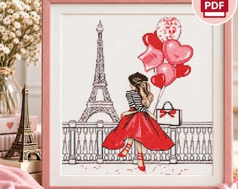 Korsstygnsmönster i Paris i PDF-format – Parisisk kvinna, Eiffeltornet och röda ballonger – Elegant parisisk modebroderi